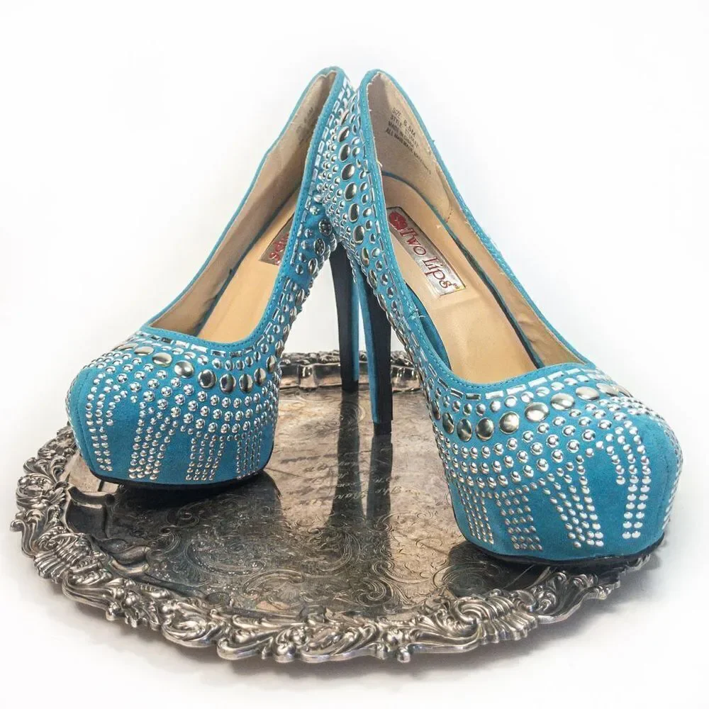 Two Lips Studlee Blue Studded Platform Heels Sz 6.5M